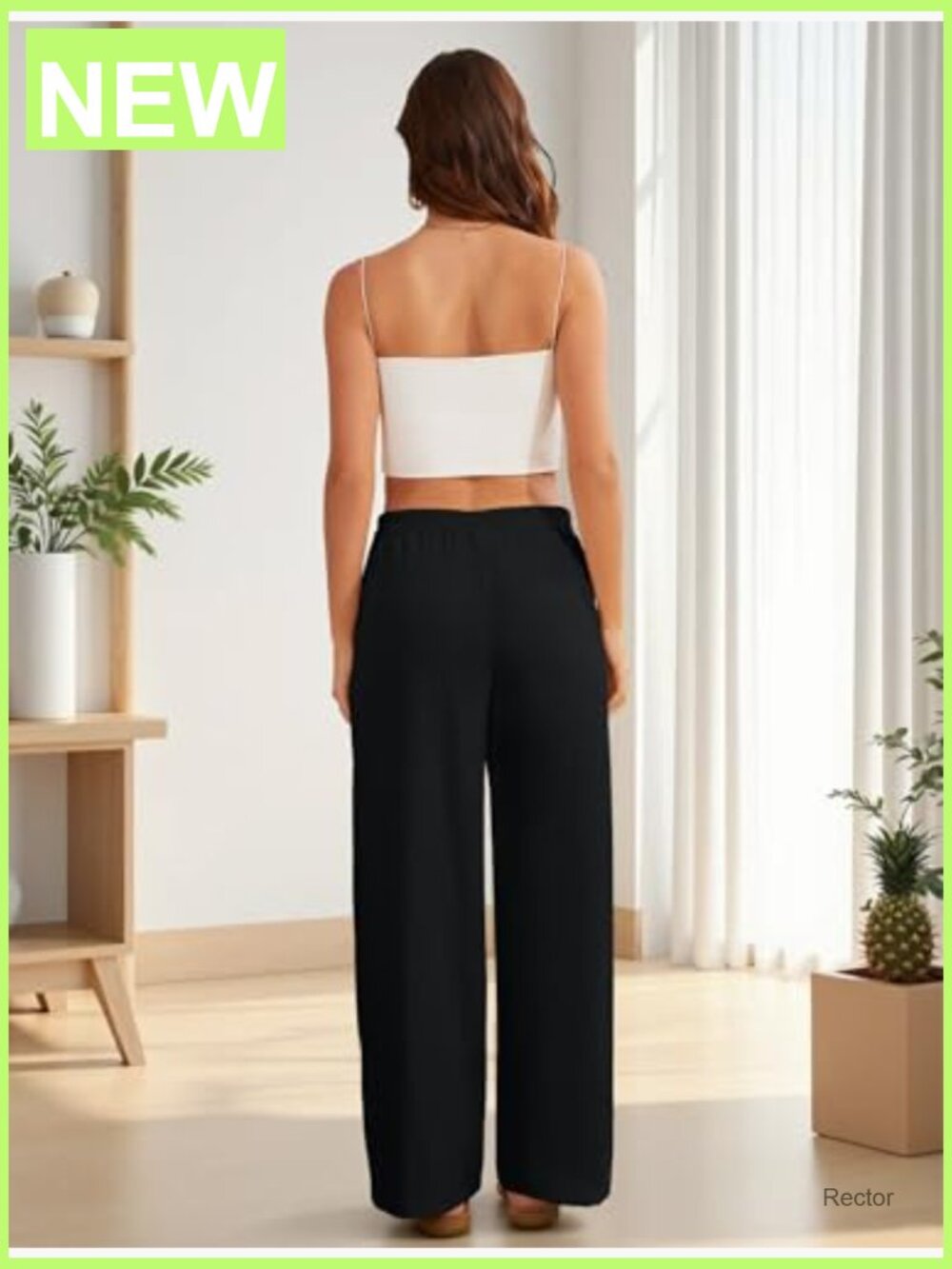 Linen Palazzo Pants Wide Leg Elastic Waist Flowy Trousers with Pockets for - Picture 5 of 7